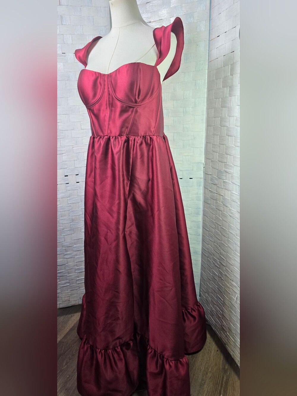 Dessy Collection Burgundy Satin Corset Gown with Slit - Picture 13 of 14